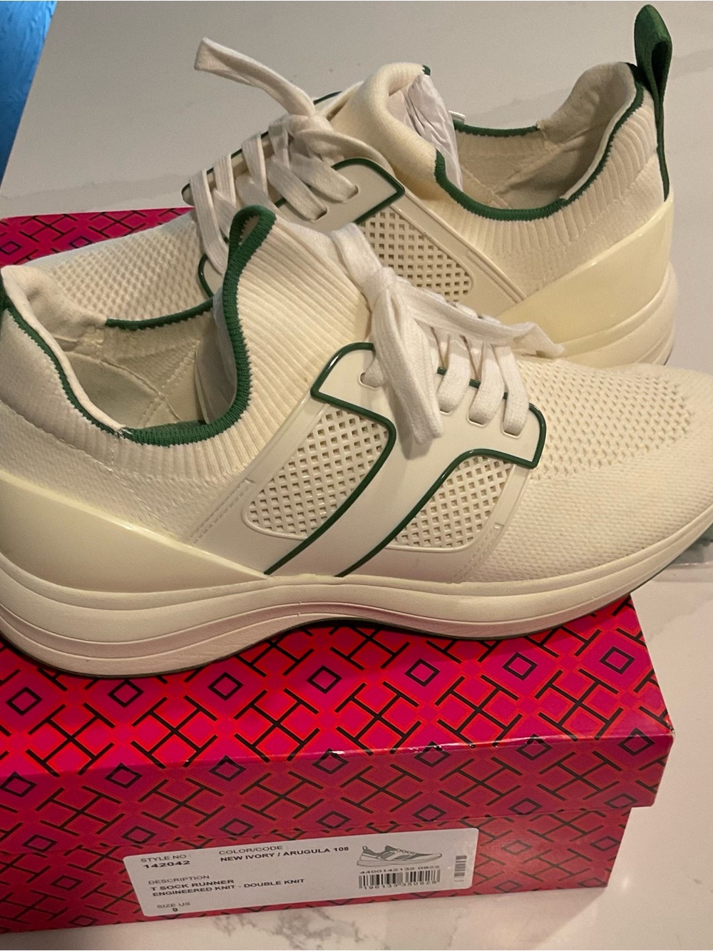 Tory Burch T Sock Runner Sneakers in Ivory with Green Trim